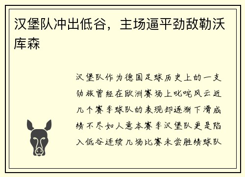 汉堡队冲出低谷，主场逼平劲敌勒沃库森