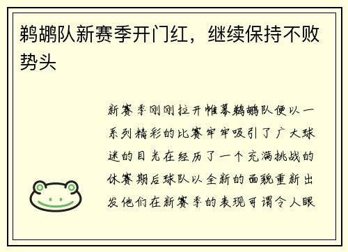 鹈鹕队新赛季开门红，继续保持不败势头