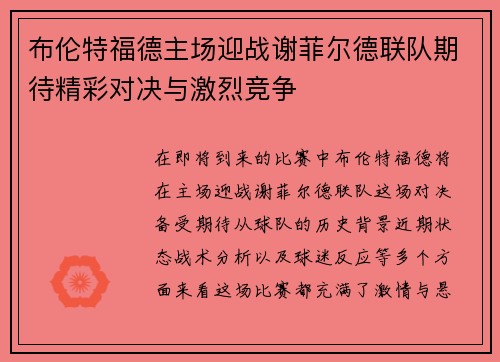布伦特福德主场迎战谢菲尔德联队期待精彩对决与激烈竞争